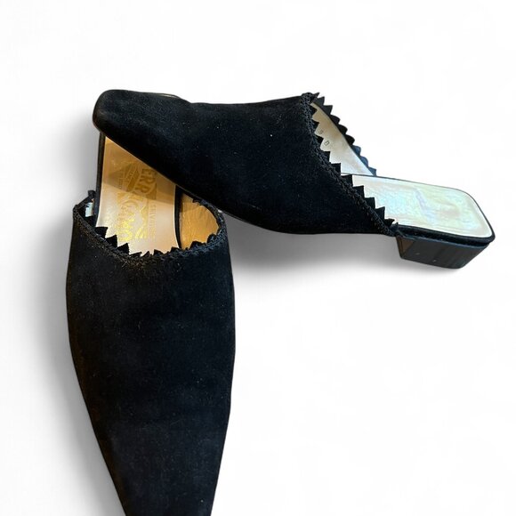 VTG Salvatore Ferragamo Black Suede Mules Size 9B Square Toe Slip On Italy - Picture 6 of 10